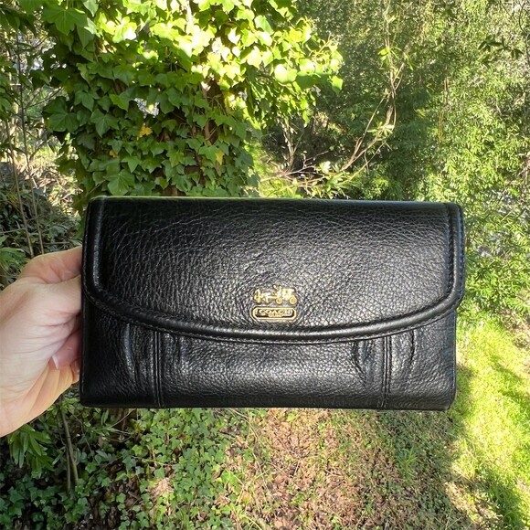 Coach Handbags - VINTAGE COACH Black Leather Trifold Wallet w Gold Logo Accent AUTHENTIC